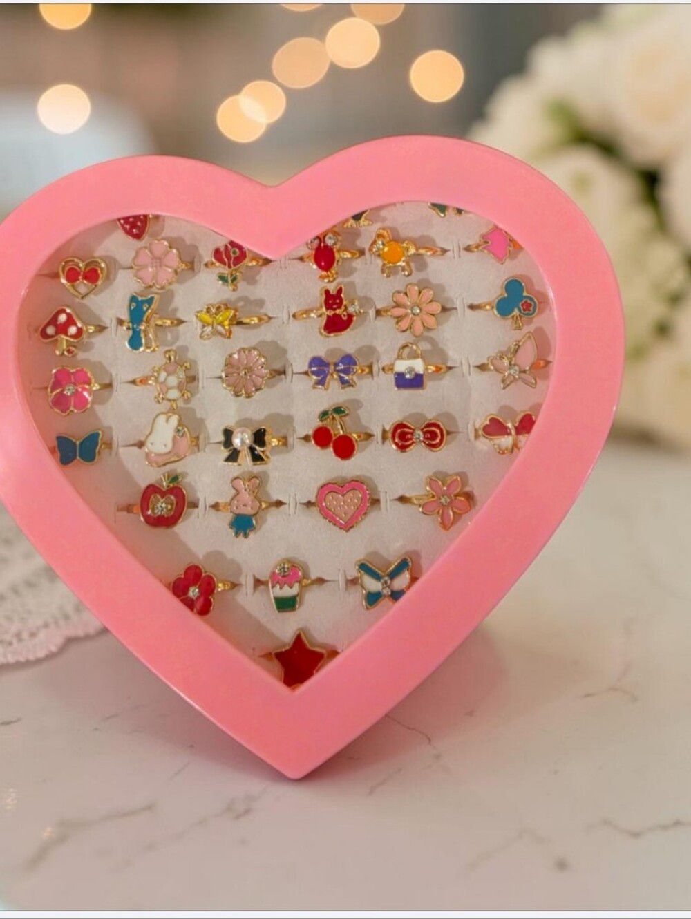 Cute Pink Heart Jewelry Display with 36 Pcs Of Assorted Colorful Rings